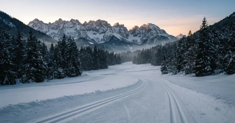 Eine verschneite Loipe im Morgenlicht mit gespurter Spur, im Hintergrund dunkler Nadelwald und eine Bergkette ohne Menschen.