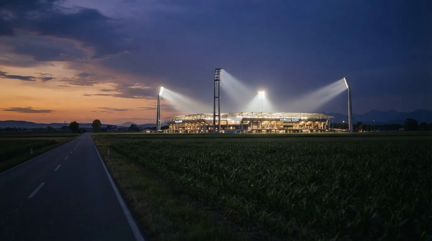 Ein Fußballstadion unter Flutlicht aus großer Entfernung gesehen, davor Felder und eine ruhige Straße in der Dämmerung.