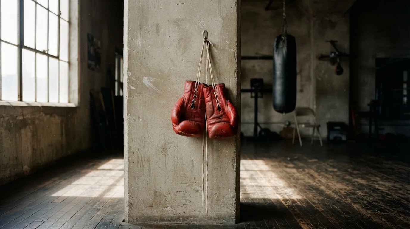 Ein Paar Boxhandschuhe hängt an einem Haken in einer leeren Trainingshalle, durch ein Fenster fällt Tageslicht auf den Boden.