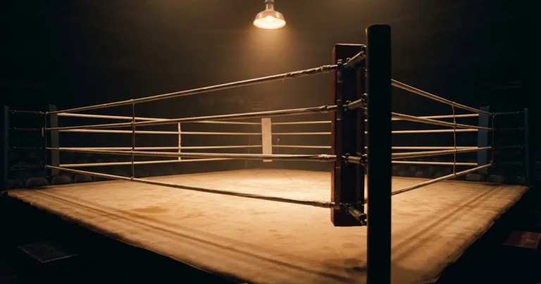 Ein leerer Boxring mit gespannten Seilen unter einer Hallenlampe, der Ringboden ist im Licht gut zu erkennen, niemand ist zu sehen.
