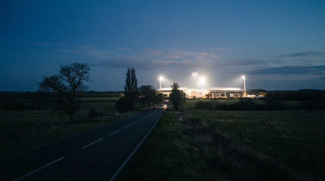 Ein Stadion unter Flutlicht aus großer Entfernung gesehen, davor eine dunkle Landstraße und einzelne Bäume in der Dämmerung.