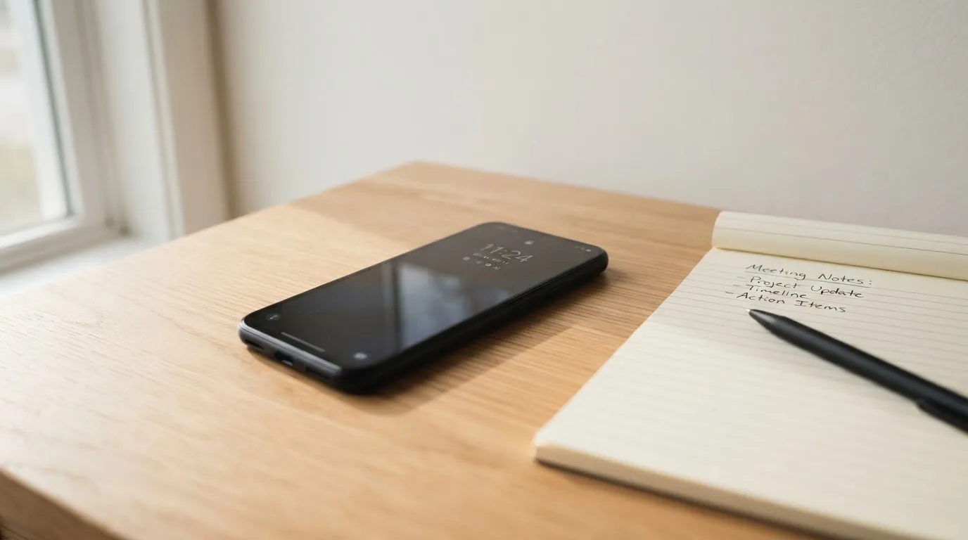 Ein Smartphone mit dunklem Display liegt auf einem Holztisch neben einem Notizblock und einem Stift, Tageslicht von links.