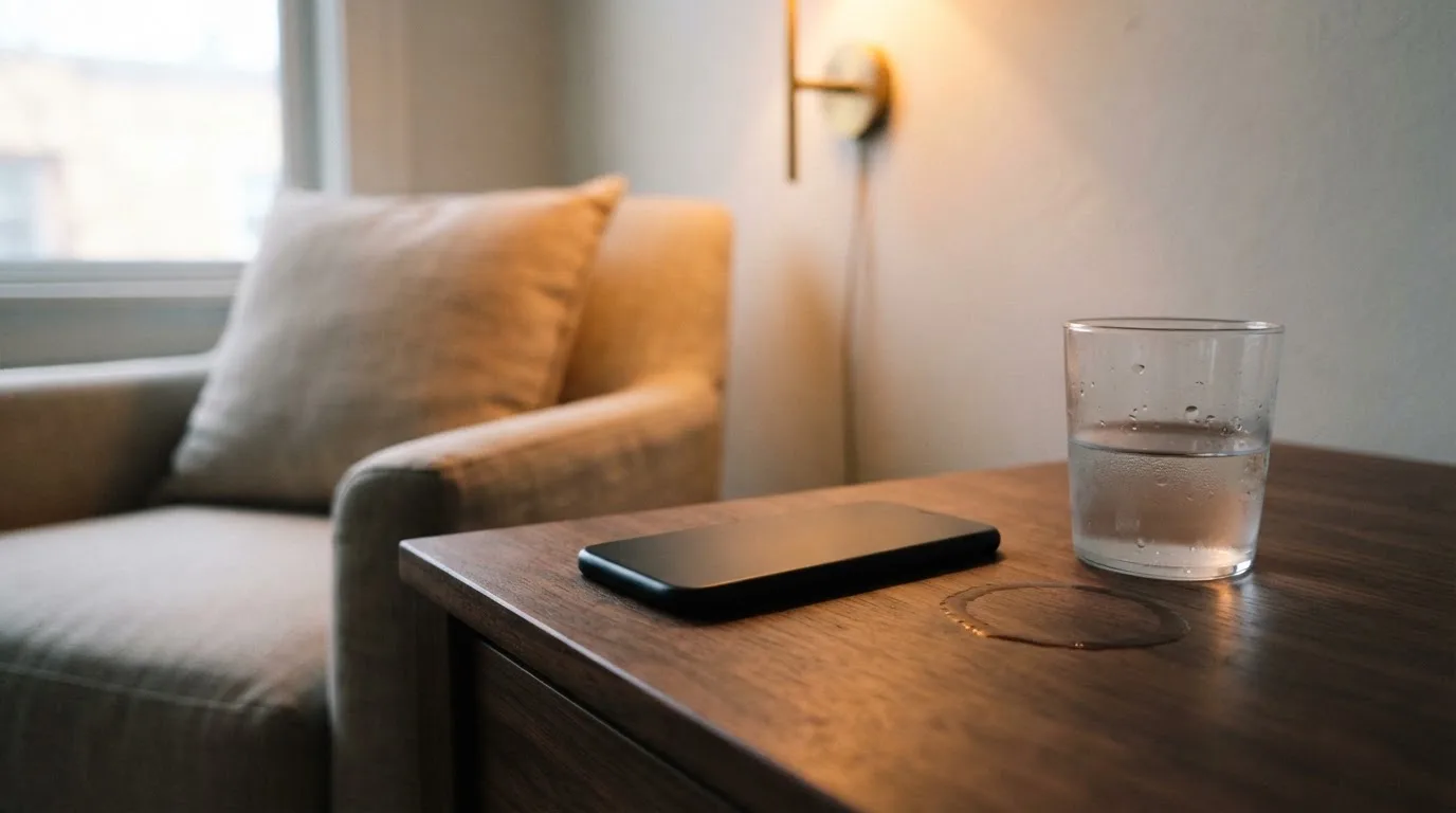 Ein Smartphone liegt mit dem Display nach unten auf einem Holztisch neben einem Glas Wasser, ruhige Abendstimmung in einem Wohnzimmer.
