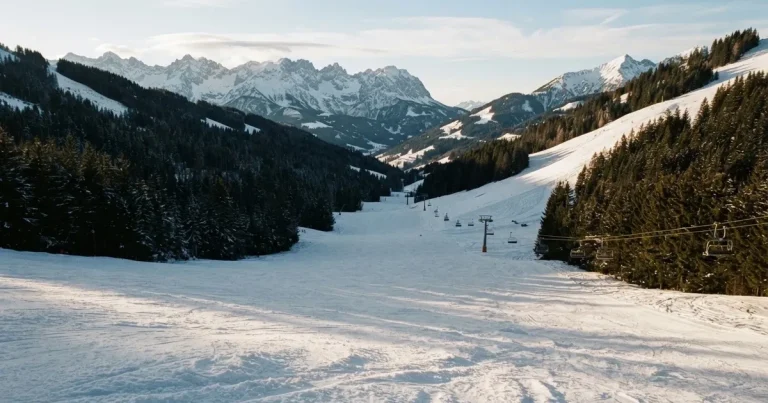 Ein verschneiter Skihang im Winterlicht mit einer leeren Liftspur, im Hintergrund Nadelwald und klarer Himmel, keine Personen.