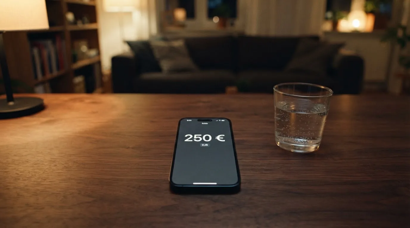Ein Smartphone liegt mit dem Display nach unten auf einem Holztisch neben einem Glas Wasser, ruhige Abendstimmung in einem Wohnzimmer.