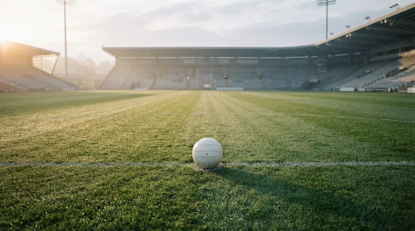 Ein Fußball auf dem Mittelpunkt eines Rasenplatzes, früher Morgen, Tau auf dem Gras, im Hintergrund leere Tribünen.