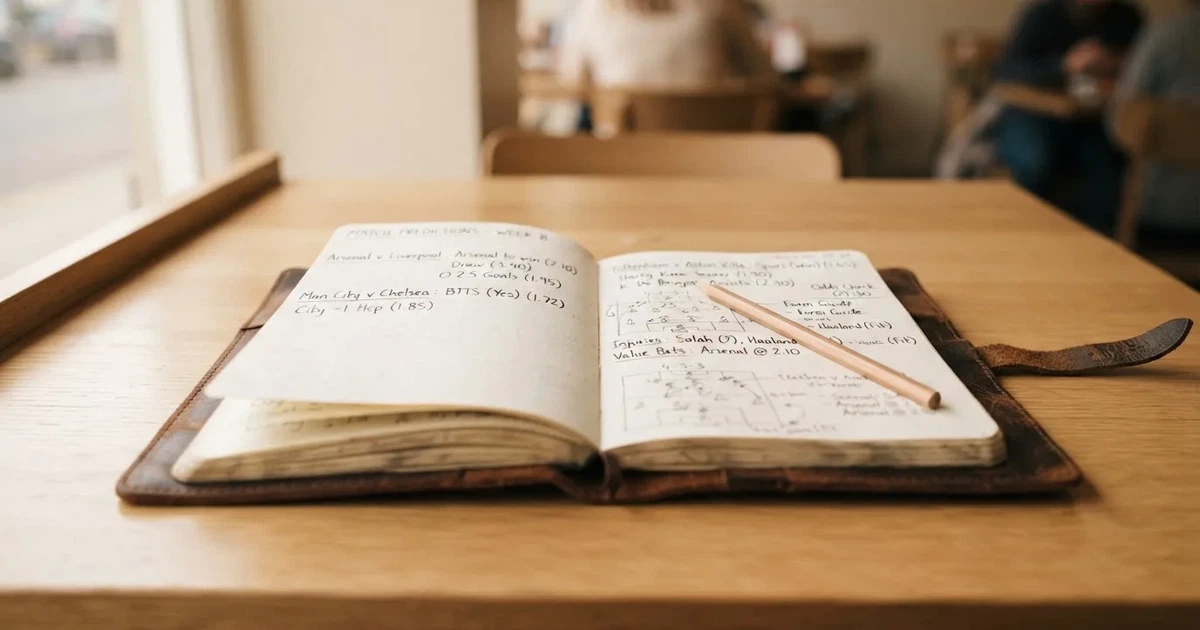 Ein Notizbuch mit handschriftlichen Stichpunkten und kleinen Skizzen liegt neben einem Bleistift auf einem hellen Tisch, Tageslicht von der Seite.